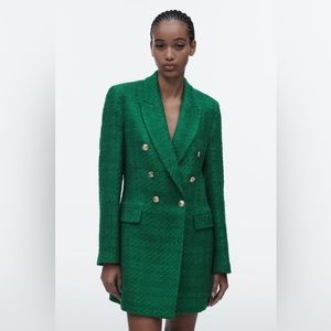 Zara tweed double breasted long structured blazer green size M BNWT
